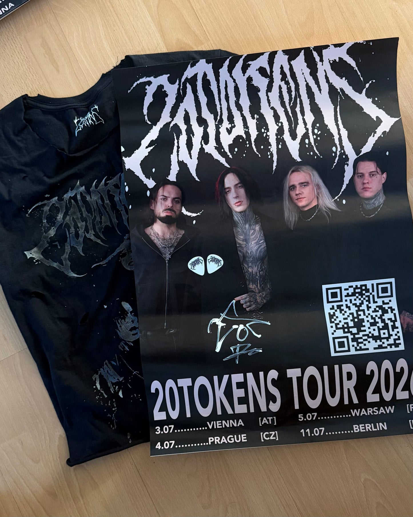 custom shirt (1 of 1) + signed 2026 tour poster + 2 logo picks